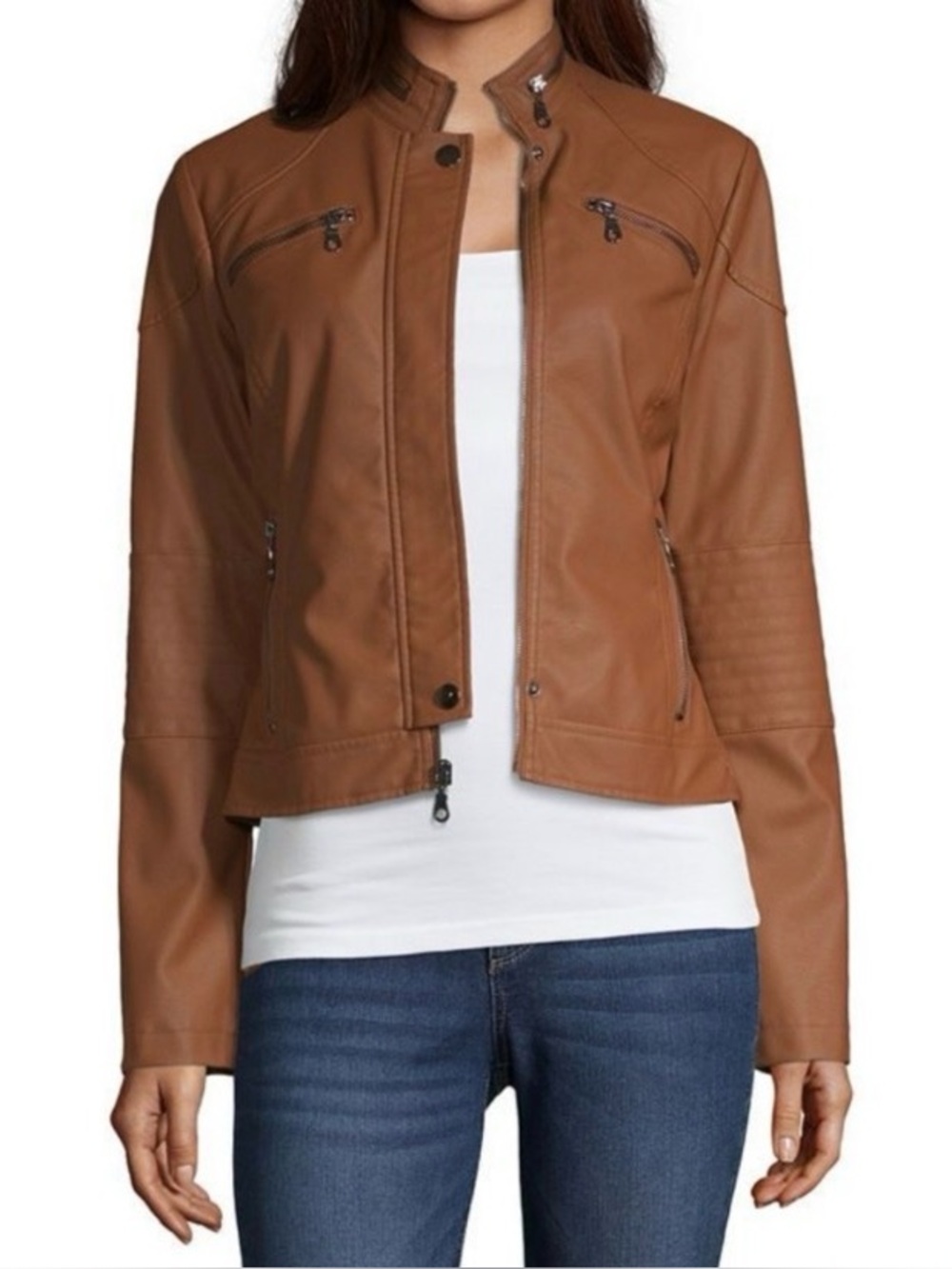 Faux Leather Moto Bomber Jacket in Cognac Brown/ Tan- Maralyn & Me Size XL